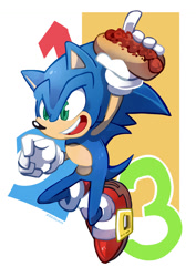 Size: 842x1187 | Tagged: safe, artist:zazakun, sonic the hedgehog, abstract background, chili dog, holding something, looking offscreen, mid-air, modern sonic, mouth open, pointing, smile, solo
