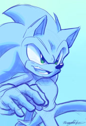 Size: 1173x1712 | Tagged: safe, artist:sonelises, sonic the hedgehog, blue, gradient background, looking offscreen, monochrome, mouth open, signature, sketch, smile, solo