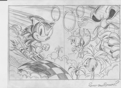 Size: 1024x745 | Tagged: safe, artist:greg martin, miles "tails" prower, robotnik, sonic the hedgehog, chaos emerald, classic robotnik, classic sonic, classic tails, clouds, official artwork, palm tree, ring, rocket shoes, sketch, sonic chaos, trio