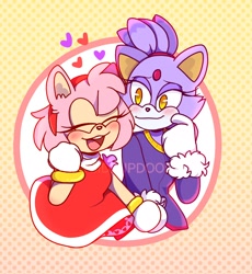 Size: 1882x2048 | Tagged: safe, artist:geek_sketch, amy rose, blaze the cat, cat, hedgehog, 2022, amy x blaze, amy's halterneck dress, blaze's tailcoat, blushing, cute, date, eyes closed, female, females only, finger on cheek, hearts, lesbian, looking at them, mouth open, shipping