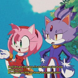 Size: 1000x1000 | Tagged: safe, artist:amyrosesimp1, amy rose, blaze the cat, cat, hedgehog, 2022, amy x blaze, amy's halterneck dress, blaze's tailcoat, cute, dialogue, english text, female, females only, lesbian, looking at them, shipping