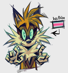 Size: 821x878 | Tagged: dead source, safe, artist:dddeerbo, miles "tails" prower, 2023, blue sclera, bust, english text, eyelashes, grey background, headcanon, looking ahead, pronouns, simple background, solo, trans female, transfem pride, transgender