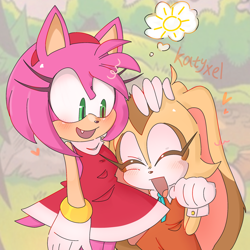Size: 2048x2048 | Tagged: safe, artist:kptya, amy rose, cream the rabbit, abstract background, amybetes, blushing, creamabetes, cute, daytime, duo, hand on another's head, heart, mouth open, one fang, outdoors, signature, smile, standing, thought bubble