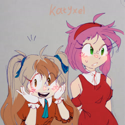Size: 2048x2048 | Tagged: safe, artist:kptya, amy rose, cream the rabbit, human, blushing, clenched teeth, duo, eye clipping through hair, grey background, humanized, looking at viewer, looking offscreen, mouth open, signature, simple background, sketch, smile, standing, sweatdrop