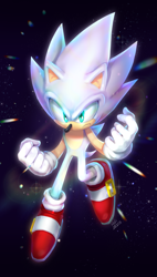 Size: 1192x2096 | Tagged: safe, artist:ketrindarkdragon, sonic the hedgehog, 2023, abstract background, clenched fist, flying, frown, hyper form, hyper sonic, looking ahead, redraw, signature, solo, sparkles