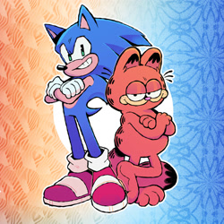 Size: 2000x2000 | Tagged: safe, artist:fernsnailz, sonic the hedgehog, cat, abstract background, arms folded, barefoot, crossover, duo, garfield, lidded eyes, looking at viewer, outline, smile, standing