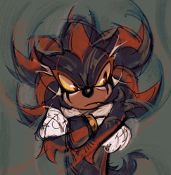 Size: 1490x1532 | Tagged: safe, artist:dddeerbo, shadow the hedgehog, arms folded, ear fluff, eyelashes, frown, looking offscreen, one fang, solo, standing, yellow sclera