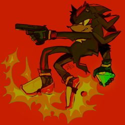 Size: 1632x1636 | Tagged: safe, artist:rosrets, shadow the hedgehog, chaos emerald, cheek fluff, clenched teeth, frown, gun, holding something, looking ahead, looking offscreen, red background, signature, simple background, solo