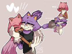 Size: 1024x768 | Tagged: safe, artist:stressedfanzy, amy rose, blaze the cat, cat, hedgehog, 2022, amy x blaze, exclamation mark, eyes closed, female, females only, hand on cheek, hearts, holding hands, lesbian, looking back at them, mouth open, shipping, sleeping