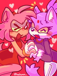 Size: 768x1024 | Tagged: safe, artist:butterdog444, amy rose, blaze the cat, cat, hedgehog, 2022, amy x blaze, amy's halterneck dress, blaze's tailcoat, cute, eyes closed, female, females only, hearts, holding hands, lesbian, mouth open, shipping
