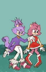 Size: 850x1300 | Tagged: safe, artist:ballapa_pow_wow, amy rose, blaze the cat, cat, hedgehog, 2021, amy x blaze, amy's halterneck dress, blaze's tailcoat, cute, female, females only, hand on shoulder, lesbian, looking at them, shipping
