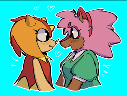 Size: 776x583 | Tagged: safe, artist:nightgarla, amy rose, trip the sungazer, blue background, blushing, bust, classic amy, duo, lesbian, looking at each other, one fang, outline, shipping, simple background, smile, tripamy
