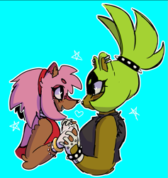 Size: 711x749 | Tagged: safe, artist:nightgarla, amy rose, surge the tenrec, blue background, blushing, duo, fingerless gloves, holding hands, lesbian, looking at each other, outline, shipping, simple background, smile, star (symbol), surgamy