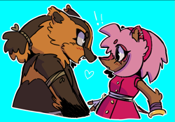 Size: 783x549 | Tagged: safe, artist:nightgarla, amy rose, sticks the badger, blue background, blushing, duo, exclamation mark, lesbian, looking at each other, shipping, simple background, sonic boom (tv), sticksamy