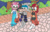 Size: 1280x829 | Tagged: safe, artist:dragnsoul, amy rose, cream the rabbit, sally acorn, sonic the hedgehog, chipmunk, hedgehog, rabbit, bandage, brick wall, carrying them, costume, dress, eyes closed, female, halloween, hat, holding something, looking at them, male, mummy outfit, outdoors, quartet, smile, tree, witch hat, witch outfit