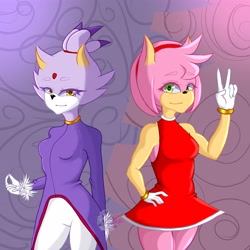Size: 4096x4096 | Tagged: safe, artist:bloodied_roses_, amy rose, blaze the cat, cat, hedgehog, 2022, amy x blaze, amy's halterneck dress, blaze's tailcoat, cute, female, females only, lesbian, looking at viewer, peace sign, shipping