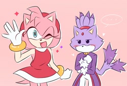 Size: 1650x1124 | Tagged: safe, artist:scrk57wvfun6oa8, amy rose, blaze the cat, cat, hedgehog, ..., 2022, amy x blaze, amy's halterneck dress, blaze's tailcoat, cute, female, females only, lesbian, looking at viewer, mouth open, one eye closed, shipping, sparkles, tail wagging