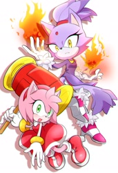 Size: 1400x2048 | Tagged: safe, artist:myonmi_game, amy rose, blaze the cat, cat, hedgehog, 2021, amy x blaze, amy's halterneck dress, blaze's tailcoat, cute, female, females only, flames, lesbian, looking at viewer, mouth open, piko piko hammer, shipping