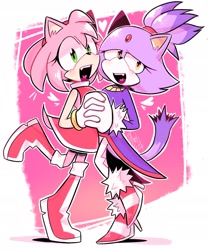 Size: 1854x2226 | Tagged: safe, artist:axelbee6, amy rose, blaze the cat, cat, hedgehog, 2021, amy x blaze, amy's halterneck dress, blaze's tailcoat, cute, female, females only, hearts, holding hands, lesbian, looking at viewer, mouth open, shipping