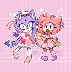 Size: 1080x1080 | Tagged: safe, artist:_gissooo_, amy rose, blaze the cat, cat, hedgehog, 2021, amy x blaze, cute, dress, female, females only, lesbian, looking at viewer, shipping, sparkles, star (symbol)