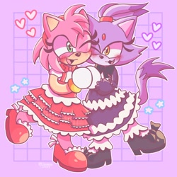 Size: 2048x2048 | Tagged: safe, artist:eldoodlez, amy rose, blaze the cat, cat, hedgehog, 2023, amy x blaze, blushing, cheek to cheek, cute, female, females only, hearts, holding hands, lesbian, one eye closed, shipping