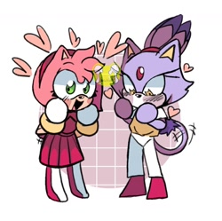 Size: 1250x1245 | Tagged: safe, artist:biscuitsluv, amy rose, blaze the cat, cat, hedgehog, 2023, amy x blaze, blushing, cute, female, females only, hands on cheeks, hearts, lesbian, shipping