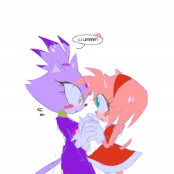 Size: 2048x2048 | Tagged: safe, artist:kwittyu, amy rose, blaze the cat, cat, hedgehog, 2022, amy x blaze, amy's halterneck dress, blaze's tailcoat, blushing, cute, english text, female, females only, holding hands, lesbian, looking at each other, shipping