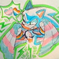 Size: 2048x2048 | Tagged: safe, artist:spoiledskullz, sonic the hedgehog, abstract background, ace, aro ace pride, aromantic, flag, heart, holding something, looking offscreen, pride, pride flag, sketch, smile, solo, speech bubble, top surgery scars, traditional media, trans male, trans pride, transgender, wink