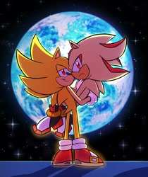 Size: 1719x2048 | Tagged: safe, artist:crumbledpizza, shadow the hedgehog, sonic the hedgehog, super shadow, super sonic, abstract background, carrying them, duo, earth, frown, gay, lidded eyes, looking back at viewer, shadow x sonic, shipping, smile, space, sparkles, star (sky), super form