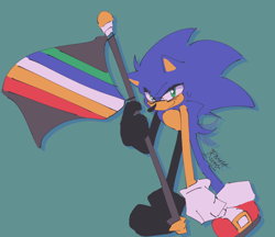 Size: 1102x953 | Tagged: safe, artist:cyberneticsonic, sonic the hedgehog, disability pride, flag, green background, holding something, looking at viewer, pride, pride flag, signature, smile, solo, standing