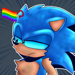 Size: 1200x1205 | Tagged: safe, artist:senordizi, sonic the hedgehog, blue background, blue sclera, cheek fluff, chest fluff, frown, icon, lidded eyes, looking offscreen, meme, outline, pride flag, shoulder fluff, solo, 🏳️‍🌈❓️