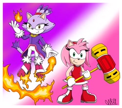 Size: 2600x2300 | Tagged: safe, artist:will_dh32, amy rose, blaze the cat, cat, hedgehog, 2023, amy x blaze, amy's halterneck dress, blaze's tailcoat, cute, female, females only, flames, lesbian, looking at viewer, piko piko hammer, shipping