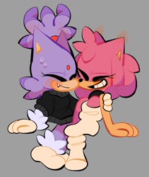 Size: 1080x1278 | Tagged: safe, artist:sirpyes, amy rose, blaze the cat, cat, hedgehog, 2023, amy x blaze, blushing, cute, eyes closed, female, females only, hand on shoulder, lesbian, shipping, sweatdrop