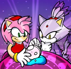 Size: 2917x2851 | Tagged: safe, artist:_tropicvibes_, amy rose, blaze the cat, cat, hedgehog, 2023, amy x blaze, amy's halterneck dress, blaze's tailcoat, crystal ball, cute, female, females only, lesbian, looking at them, shipping