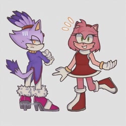 Size: 928x928 | Tagged: safe, artist:jogurt309, amy rose, blaze the cat, cat, hedgehog, 2023, amy x blaze, amy's halterneck dress, blaze's tailcoat, cute, female, females only, lesbian, looking at viewer, looking back at viewer, shipping, sweatdrop