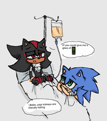 Size: 910x1030 | Tagged: safe, artist:c4ttb0y, shadow the hedgehog, sonic the hedgehog, arms folded, bandage, duo, english text, gay, gloves off, grey background, hospital bed, iv drip, lidded eyes, looking at them, monster energy drink, shadow x sonic, shipping, simple background, speech bubble