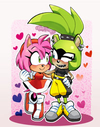Size: 2048x2594 | Tagged: safe, artist:akarisandraws, amy rose, surge the tenrec, abstract background, arm around shoulders, blushing, border, chibi, cute, duo, heart, holding each other, lesbian, looking at each other, outline, shipping, smile, standing, surgamy, wink