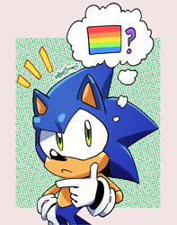 Size: 2048x2594 | Tagged: safe, artist:akarisandraws, sonic the hedgehog, abstract background, border, finger on chin, frown, hand on hip, looking offscreen, meme, pride flag, question mark, signature, solo, thinking, thought bubble, 🏳️‍🌈❓️