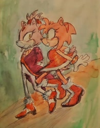 Size: 1598x2048 | Tagged: safe, artist:mysuperlaserpiss, amy rose, blaze the cat, amy x blaze, blushing, daytime, duo, lesbian, looking at each other, outdoors, shipping, smile, traditional media, walking