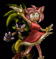 Size: 1963x2048 | Tagged: safe, artist:aldermos, amy rose, surge the tenrec, black background, blushing, clenched teeth, dancing, duo, electricity, glowing eyes, lesbian, looking at viewer, looking offscreen, shipping, simple background, smile, standing, surgamy