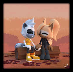 Size: 2048x2011 | Tagged: safe, artist:lilac reindeer, tangle the lemur, whisper the wolf, 3d, abstract background, alternate outfit, autumn, border, duo, eyes closed, holding hands, lesbian, outdoors, shipping, signature, sitting, smile, tangle x whisper