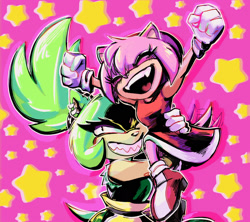 Size: 1736x1545 | Tagged: safe, artist:overlordneon, amy rose, surge the tenrec, abstract background, duo, eyes closed, lesbian, lifting them, mouth open, one eye closed, outline, shipping, smile, standing, star (symbol), surgamy, wagging tail