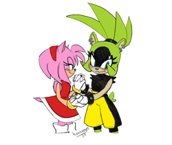 Size: 2005x1688 | Tagged: safe, artist:honnneyz, amy rose, surge the tenrec, duo, holding hands, lesbian, lidded eyes, looking at them, looking away, shipping, signature, simple background, smile, standing, surgamy, white background