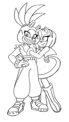 Size: 1152x2048 | Tagged: safe, artist:creechurr, amy rose, surge the tenrec, duo, holding each other, lesbain, line art, obtrusive watermark, shipping, simple background, smile, standing, surgamy, watermark, white background