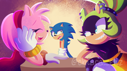 Size: 2048x1152 | Tagged: safe, artist:chiaraeliz, amy rose, sonic the hedgehog, surge the tenrec, abstract background, lesbian, mouth open, shipping, signature, sitting, smile, standing, surgamy, trio