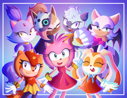 Size: 2048x1582 | Tagged: safe, artist:chiaraeliz, amy rose, blaze the cat, cream the rabbit, rouge the bat, tangle the lemur, trip the sungazer, whisper the wolf, border, gradient background, group, looking at viewer, smile, v sign