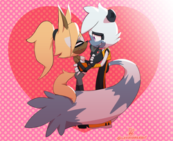 Size: 2048x1672 | Tagged: safe, artist:leviathanrabbit, tangle the lemur, whisper the wolf, abstract background, duo, heart, holding each other, lesbian, lidded eyes, shipping, signature, smile, tangle x whisper