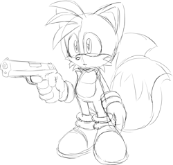 Size: 2048x1946 | Tagged: safe, artist:thenovika, miles "tails" prower, frown, gun, holding something, line art, looking ahead, simple background, sketch, solo, this will end in injury and/or death, white background