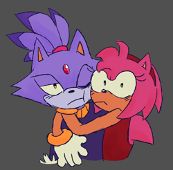 Size: 1450x1427 | Tagged: safe, artist:average-maria, amy rose, blaze the cat, amy x blaze, blushing, duo, frown, grey background, holding them, lesbian, looking at viewer, one eye closed, shipping, simple background