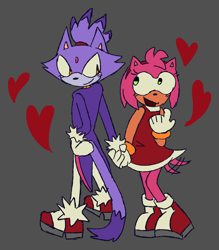 Size: 1250x1427 | Tagged: safe, artist:average-maria, amy rose, blaze the cat, amy x blaze, duo, grey background, heart, holding hands, lesbian, looking at each other, shipping, simple background, smile, standing, wagging tail